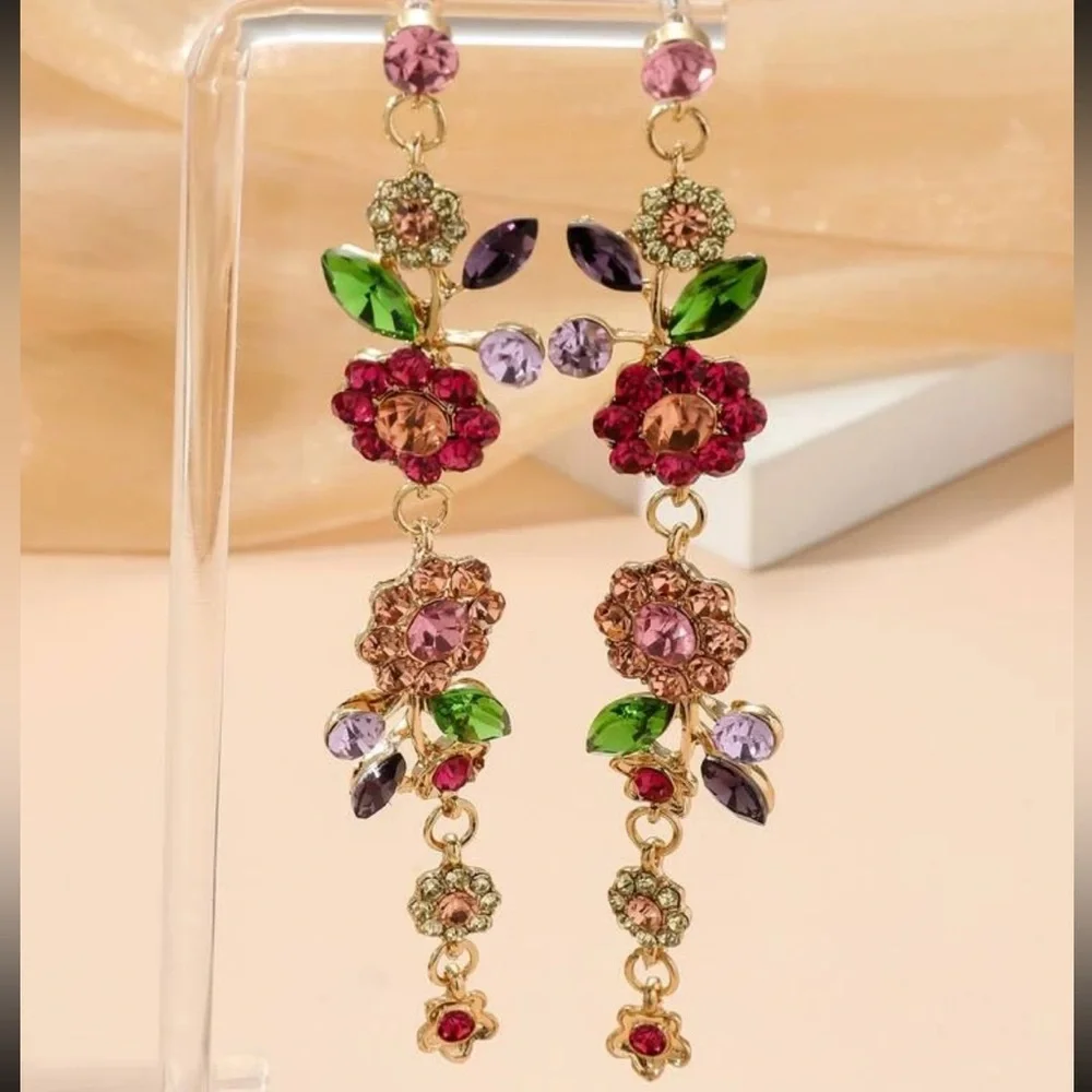 Romantic Flowers Earrings, Rhinestone Flower Earrings